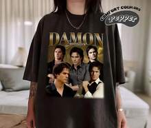 Pepper Grey Collage T-Shirt mit Damon Salvatore-Porträts, goldfarbenem Farbverlauf, kurzen Ärmeln, Rundhalsausschnitt, lockerer Passform und Retro-TV-Serien-Stil - Schwarz - Übersicht 8