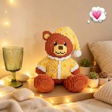 1500+Pcs Bear With Hat, 1000+Pcs Nine-Tailed Fox Micro Particle Animal Building Block Model Ornament, High Difficulty DIY Handmade 3D Mixed Color Puzzle, Unique DIY Romantic Souvenir, Ideal Gift Ornament For Lovers And Couples, Static Version, Without Light - 1500+ Yellow - View 6