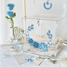 Caixa de Cartão de Acrílico Transparente com Guirlanda Semicircular Floral Azul, Caixa de Cartão de Casamento de Acrílico Transparente com Cadeado e Caixa de Assinatura de Bênção, Caixa de Armazenamento de Cartão com Folha de Ouro Rosa Azul, Caixa de Dinheiro Viral para Festa de Casamento, Aniversário e Celebração, Caixa de Coleção de Cartões de Saudação Estilo INS de Alta Qualidade, Ornamento de Decoração para Festa de Noivado, Caixa de Dinheiro Transparente, Design Floral Azul Sonhador - Transparente - Visão 7