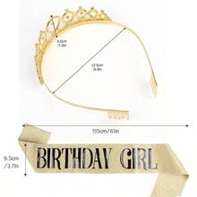 1組粉色生日女孩水鑽皇冠髮箍套組 生日派對配件 - 金色 - 查看 4