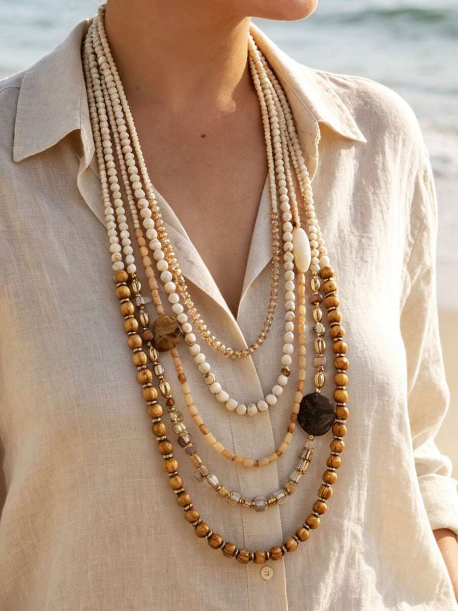1pc Women's Vintage Bohemian Beach Vacation Style Geometric Multi-Layer Beaded Long Necklace - 1 Vintage Geometric Multi-layered Beaded Long Necklace - View 1