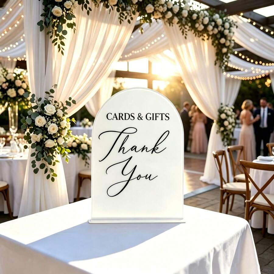 壓克力拱形裝飾牌,優雅展示「Cards & Gifts」與「Thank You」字樣,適合婚禮、派對、活動或居家裝飾,時尚壓克力裝飾牌,適用於卡片區、禮物桌與活動佈置 - A - 查看 1