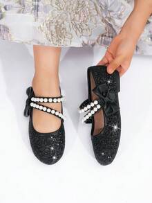 Spring/Autumn New Girls' Pearl Solid Color Fashion Minimalist Party Dance Flat Shoes - Black - View 2