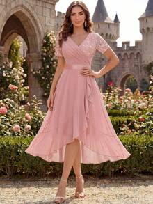 MIUSOL V-Neck Sequin Lace Patchwork Chiffon Ruffle Hem Elegant Ball Party Maxi Dress, Suitable For Wedding Guests, Evening Banquets Pink Summer - Pink - View 4