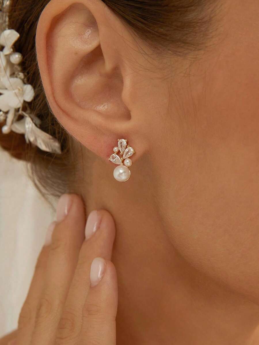 Round Pearl Earrings With Diamond, Minimalist Pearl Stud Earrings, Delicate Pearl Earrings Bridal Earrings Wedding Earrings Bridesmaid Gift - Gold - View 1