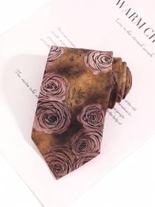 1pc Brown Tone Oil Painting Rose Print Tie - Rust Brown - View 6