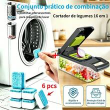 Cortador de legumes 16 em 1 + pastilhas efervescentes para máquina de lavar 6 peças - Tábua de Corte Multifuncional de Grau Alimentício com Lâminas Substituíveis, Cesto Escorredor e Recipiente - Utensílio de Cozinha Ergonômico para Picar Cenouras, Alho, Batatas, etc. - Adequado para Uso Doméstico e em Restaurantes - Cortador 16 em 1 +6 comprimidos efervescentes - Visão 1