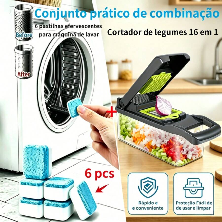 Cortador de legumes 16 em 1 + pastilhas efervescentes para máquina de lavar 6 peças - Tábua de Corte Multifuncional de Grau Alimentício com Lâminas Substituíveis, Cesto Escorredor e Recipiente - Utensílio de Cozinha Ergonômico para Picar Cenouras, Alho, Batatas, etc. - Adequado para Uso Doméstico e em Restaurantes - Cortador 16 em 1 +6 comprimidos efervescentes - Visão 1