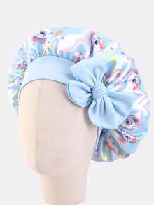 1 pieza Sombrero redondo de satén con cinta elástica estampada para niños, adecuado para uso diario - Unicornio azul claro - Ver 2