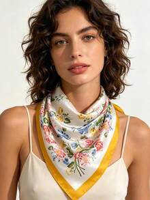 1pc 65*65cm White Base Colorful Mixed Rose Floral Print Satin Imitation Silk Scarf, Thin Multi-Use Scarf For Neck/Shawl/Waist, All Seasons Daily Party - Multicolor - View 2