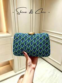 Peacock Pattern Woven Hard Case Evening Clutch, Luxury Niche Crossbody Chain Purse For Formal Occasions - Blue - View 1