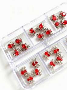 6 Grid Halloween Manicure 3D Red Rhinestone Spider Nail Charms, Mini Silver Metal Spider Nail Studs, Gothic Blood Red Crystal Nail Art Decorations For Acrylic Nails DIY Manicure Accessories Small Size Nail Gemstone - Multicolor - View 3