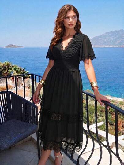 EVERPRETTY Elegant V-Neck Midi Black Bridesmaid Dress, Featuring Ruffle Short Sleeves, Lace Embroidered Appliques And Pleated Details, Perfect For Parties, Romantic Occasions And Vacations.
