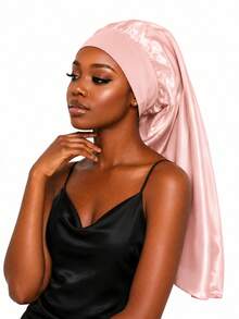 1PC Extra Long Satin Hair Bonnet, Wide Elastic Band Sleep Cap, Anti‑Frizz Night Hair Care Hat For Long Braided Hair Home Sleeping - Pink Upper Waist - View 12