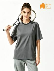 NBCT Japanese Outdoor Style Color Block Round Neck Solid Color T-Shirt Women Drape Loose Fit Plus Size Drop Shoulder Short Sleeve Summer New Student Daily Casual Versatile Couple Basic Half Sleeve - Grey - View 1