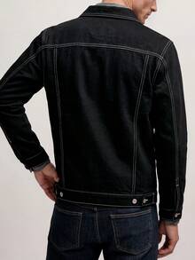 Men's Black Contrast White Stitching Denim Trucker Jacket Casual Denim Coat - Black - View 3