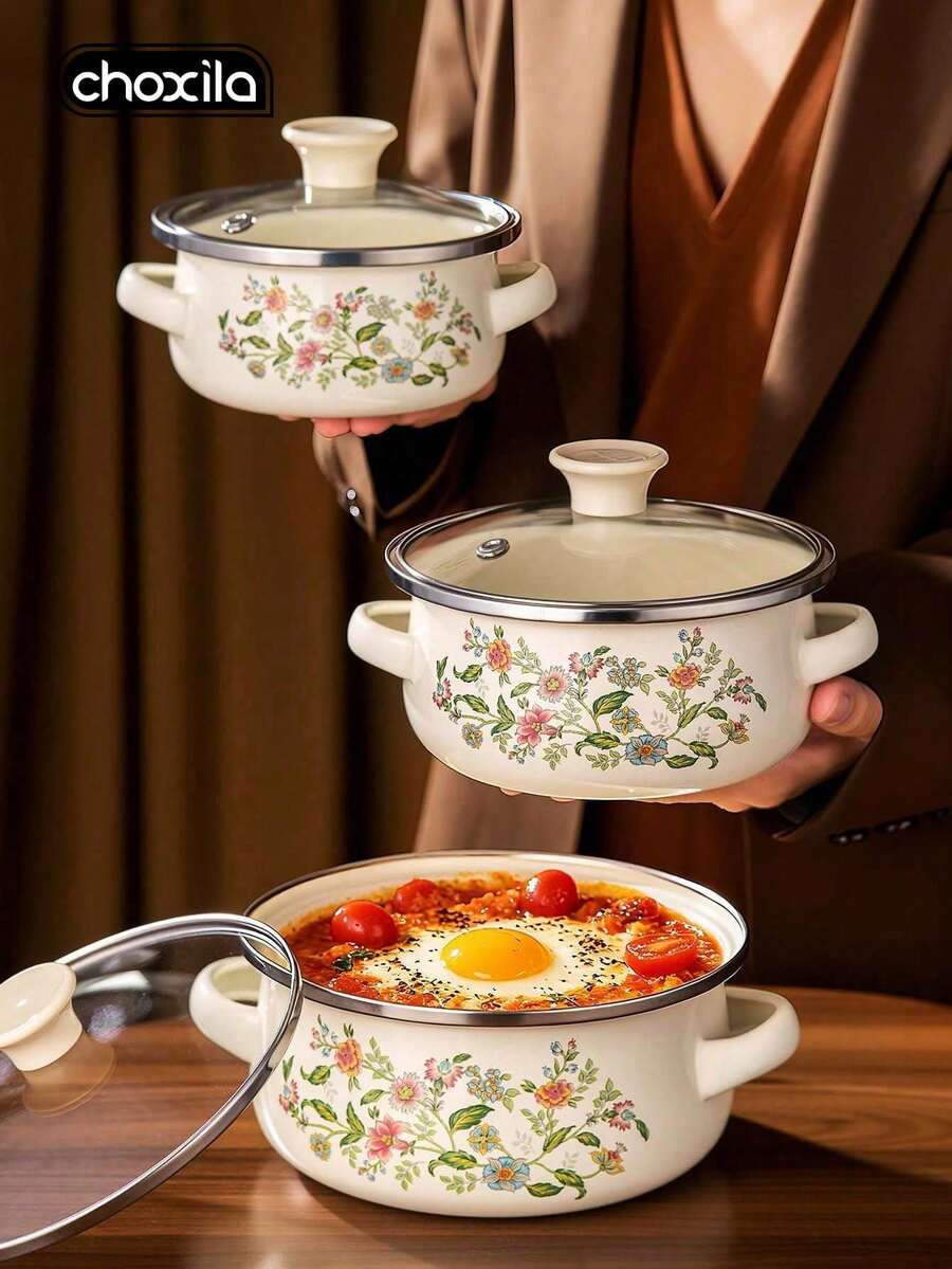 choxila 3件組陶瓷湯鍋套組,雙把手附蓋烹飪鍋,多功能家用鍋,適用感應爐與瓦斯爐,適合家庭廚房、餐廳及節日聚會 - 查看 1