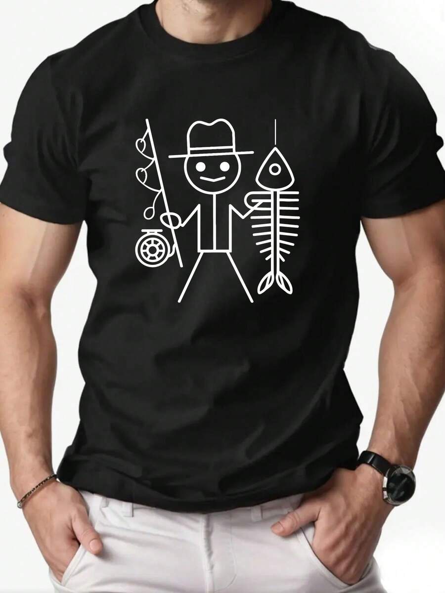 Men's Short-Sleeved Casual Summer T-Shirt With A Stickman Holding A Fishing Rod Pattern T Shirt - 黑色 - 查看 1