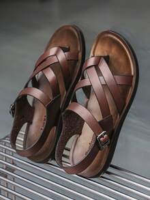 European & American Style Men's Vintage Brown Cross Strap Toe Sandals, Versatile Commuter Breathable Soft Sole Anti-Slip Back Strap Casual Slides - Brown - View 6