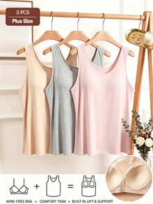 3pcs Plus Size Solid Color Camisole With Built-In Padding, Seamless Comfortable High Elasticity Sleeveless Tank Top - Multicolor - View 1