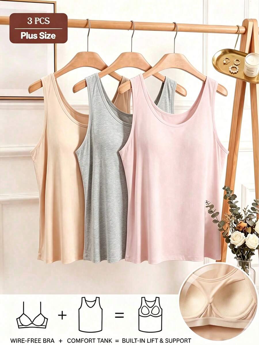 3pcs Plus Size Solid Color Camisole With Built-In Padding, Seamless Comfortable High Elasticity Sleeveless Tank Top - Multicolor - View 1