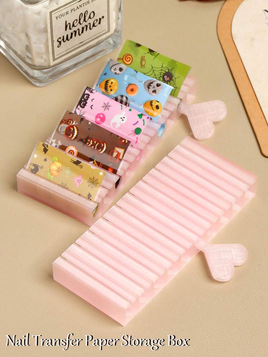 FULL BEAUTY 10-Grid Pink Heart Nail Foil Storage Box, Multi-Compartment Nail Foil Sticker Organizer Rack With Heart-Shaped Pull Ring, Portable Lightweight Nail Salon Supplies Storage Rack For Nail Art Decoration Transfer Foil - Pink - View 1