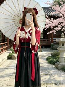 1PC Oriental Element Modified Girl Floral Yao Daily Ancient Style Outfit Set, Suitable For Festival Party Performance Wear, COSPLAY Role Play Costume Accessories, Includes Top + Skirt - Red and Black - View 4