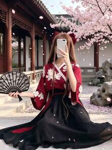 1PC Oriental Element Modified Girl Floral Yao Daily Ancient Style Outfit Set, Suitable For Festival Party Performance Wear, COSPLAY Role Play Costume Accessories, Includes Top + Skirt - Red and Black - View 2