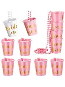 Wedding Celebration Wine Glass Set, Beaded Necklace Plastic Cup Set, Groom & Bride Toasting Cups, Mini Liquor Glass Holder, Bachelorette & Bachelor Party Gifts, Multi-Piece Set, Multi-Color Options: Pink, White, Black, Rose Red - View 16