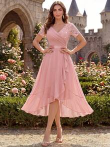 MIUSOL V-Neck Sequin Lace Patchwork Chiffon Ruffle Hem Elegant Ball Party Maxi Dress, Suitable For Wedding Guests, Evening Banquets Pink Summer - Pink - View 6