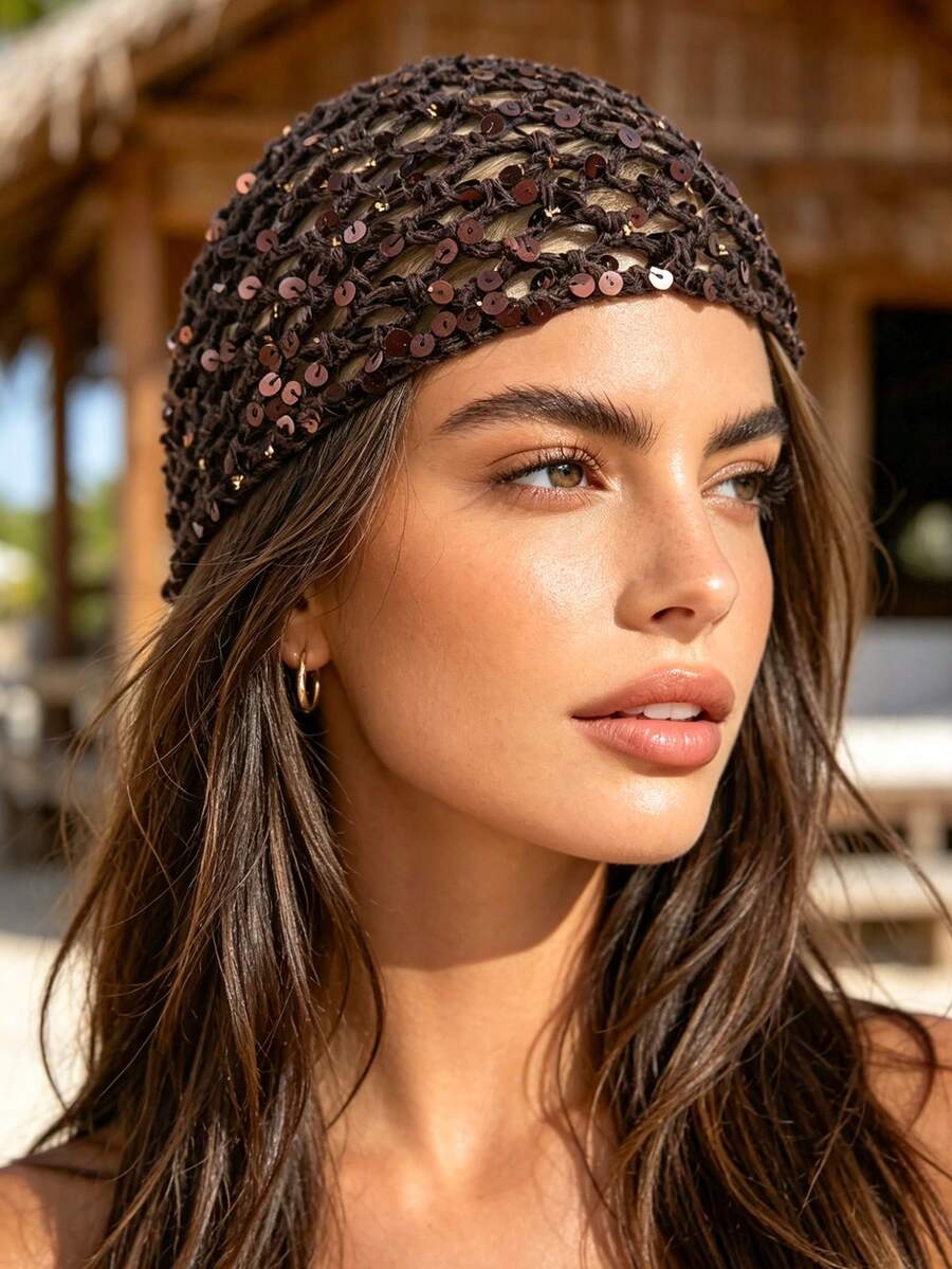 1 buah Topi Rajut Crochet Wanita Tipis Berongga dengan Hiasan Payet untuk Musim Semi/Panas, Cocok untuk Pemakaian Sehari-hari di Luar Ruangan pada Musim Semi/Panas/Gugur, Warna Payet Acak - Payet berbentuk berlian besar - View 1