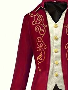 Mantel Panjang Pria Beludru Bordir Gaya Abad Pertengahan - Merah - View 3