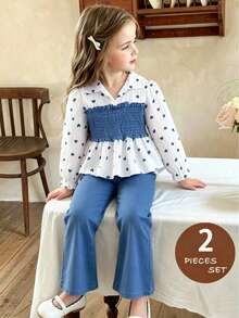 Galaxy Graffiti Autumn Fashion Outfit 4-7 Years Old Girls Set Spring Autumn New Sweet Heart Print Color Block Pleated Waist Long Sleeve Top & Flared Leg Pants Fashionable Stylish Suit Suitable For Daily Casual Weekend Outings Spring Autumn Season Matching - Blue - View 4