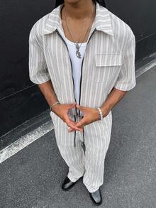 HOMIIE Men's Cropped Striped 2 Pieces Outfit, Cotton Blend Full Zip Shirt & Wide Leg Drawstring Pants, Streetwear For Spring Autumn,Halloween Christmas - Multicolor - View 7