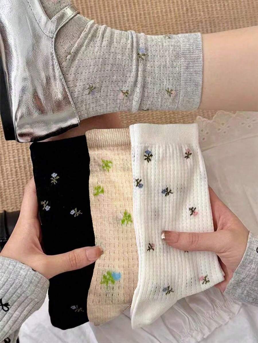 4雙春夏薄網眼透氣吸汗韓系花卉復古INS女孩風百搭中筒鬆垮襪 - 彩色 - 查看 1