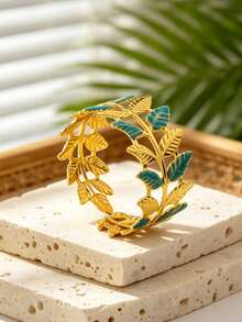 VceTd 1pc Romantic Style Colorful Enamel Leaf Design Stainless Steel Open Bangle Bracelet For Women, Suitable For Weddings, Travel, Or As A Valentine's Day Gift For Your Loved One - Yellow Gold - View 9