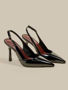 ManLuZi Women's Black Pointed Toe Patent Leather Stiletto High Heel Pumps, Elegant Formal Fashion Closed-Toe Buckle Party Evening Shoes With Slingback Strap - Black - View 6