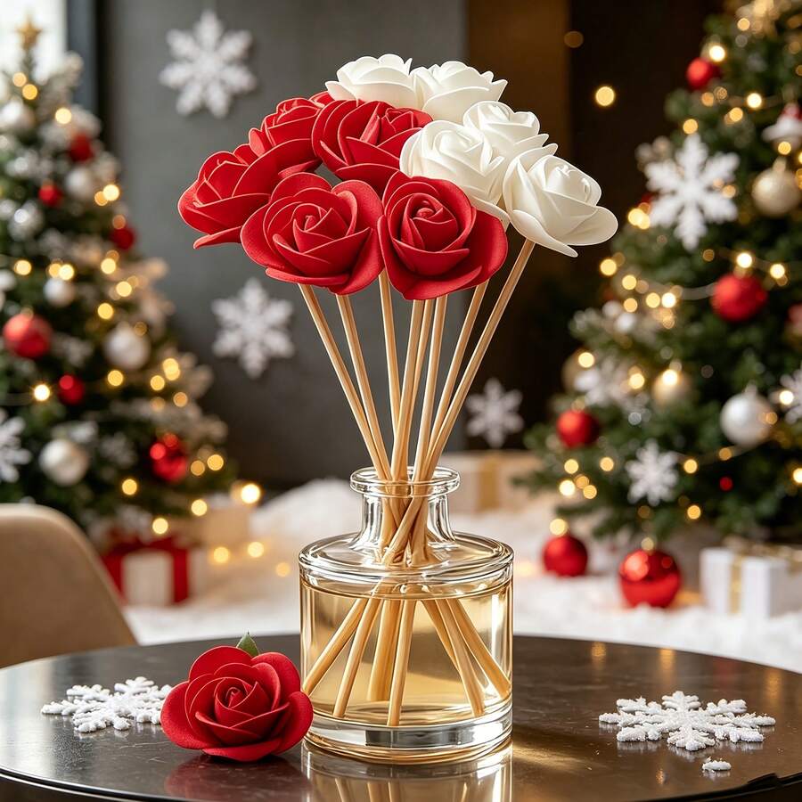 25pcs Christmas Red & White Floral Aromatherapy Diffuser Set (Bottle & Fragrance Not Included) - Red + White (12 Aromatherapy Sticks + 12 Artificial Flowers + 1 Bamboo Skewer) - View 1