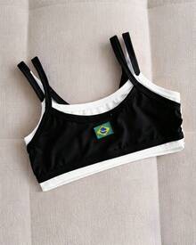 Double Strappy Cropped Top With Brazil Embroidery, 2 In 1, Women's, Beach, Holiday, Sports And Fitness, Vacation, World Cup - 黑色 - 查看 1