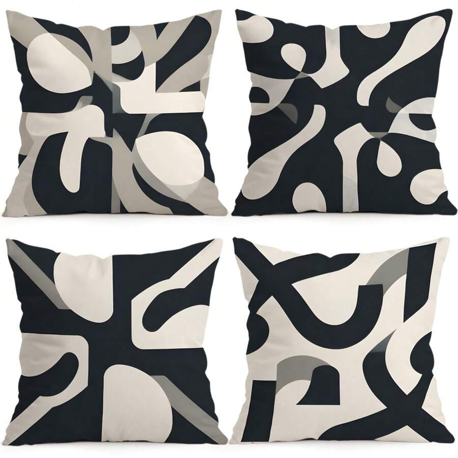 4pcs Black & White Fluid Geometric Abstract Pattern Pillow Covers Without Inserts, Single-Sided Printed Pillow Covers, Suitable For Living Room, Bedroom, Home Decor, All-Season Pillow Covers - Multicolor - View 1