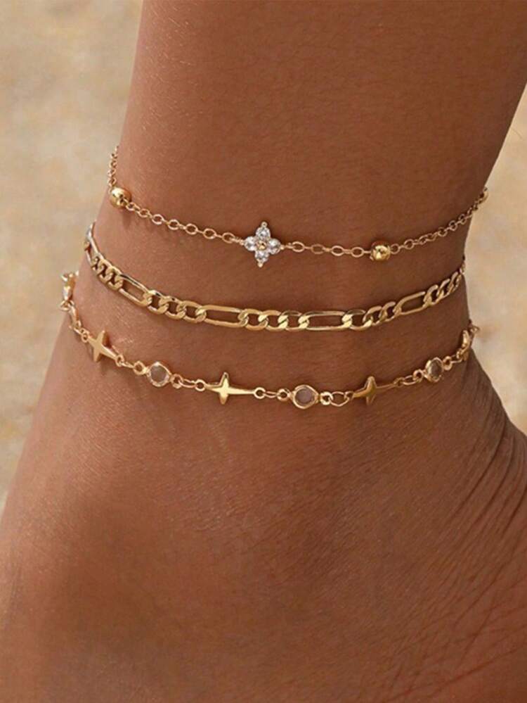 3 piezas/Set Tobillera de cadena hecha a mano con diseño de cruz de moda, decoración de flor de cuatro hojas, joyería de pie de cadena de tono dorado multicapa, adecuada para uso diario - conjunto de tobillera - Añade 15