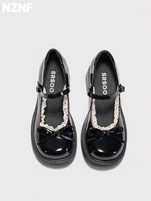 NZNF Sepatu PU Wanita Warna Polos Gaya Akademi dengan Tali Gesper, Sol Tebal dan Hak Tebal, Sepatu untuk Perjalanan Sehari-hari - Hitam - View 8