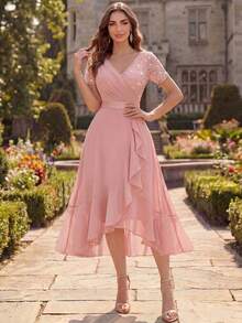MIUSOL V-Neck Sequin Lace Patchwork Chiffon Ruffle Hem Elegant Ball Party Maxi Dress, Suitable For Wedding Guests, Evening Banquets Pink Summer - Pink - View 7