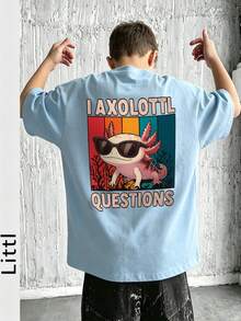 Axolotl 卡通背印男孩寬鬆版型 T 恤，兒童趣味圖案休閒短袖上衣 - 淺藍色 - 查看 9