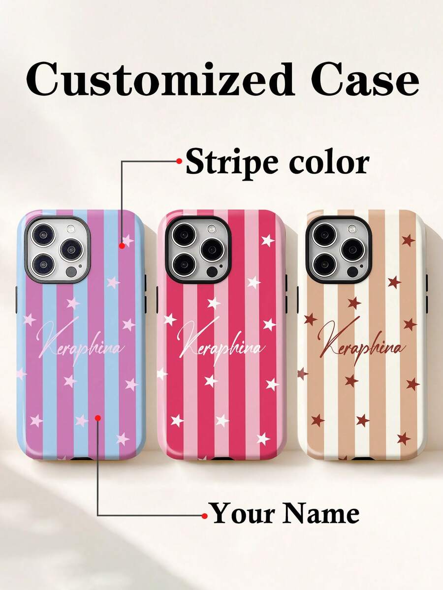 1pc Customized Minimalist Artistic Contrast Color Dual-Tone Striped Star Name Phone Case, 2-In-1 Glossy Film Full Coverage Hard Shell Protective Cover For IPhone 11/12/13/14/15/16/17 Pro Max - Multicolor - View 1