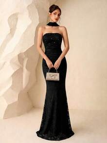 Elegant Women's Black Sleeveless Beaded Lace Mermaid Dress, With Zipper, Long Formal Evening Gown Wedding Party - Black - View 4