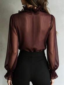 Autumn French Sweet Chiffon Slightly Sheer Ruffle V-Neck Tie-Front Draped Blouse Winter - Burgundy - View 7