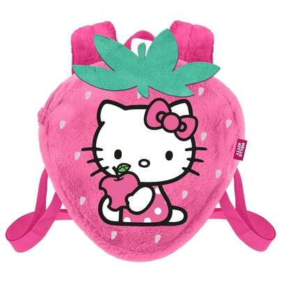 Hello Kitty Safta حقيبة ظهر مدرسية من القطيفة بتصميم هالو كيتي والفراولة، للأطفال، ناعمة ومبطنة، تصميم ثلاثي الأبعاد مع مقبض علوي وأحزمة قابلة للتعديل، وردي، للعودة إلى المدرسة