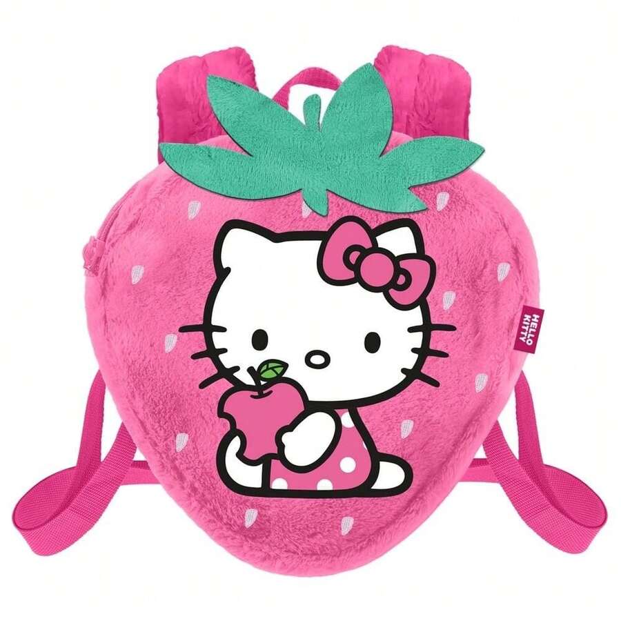Hello Kitty Safta حقيبة ظهر مدرسية من القطيفة بتصميم هالو كيتي والفراولة، للأطفال، ناعمة ومبطنة، تصميم ثلاثي الأبعاد مع مقبض علوي وأحزمة قابلة للتعديل، وردي، للعودة إلى المدرسة - الخيار 6 - مشاهدة 1