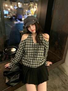 Blus Pelindung Matahari Lengan Panjang Model Dewasa dengan Kerah V dan Tali Depan, Motif Kotak-kotak, Gaya Dewasa - Coklat - View 5